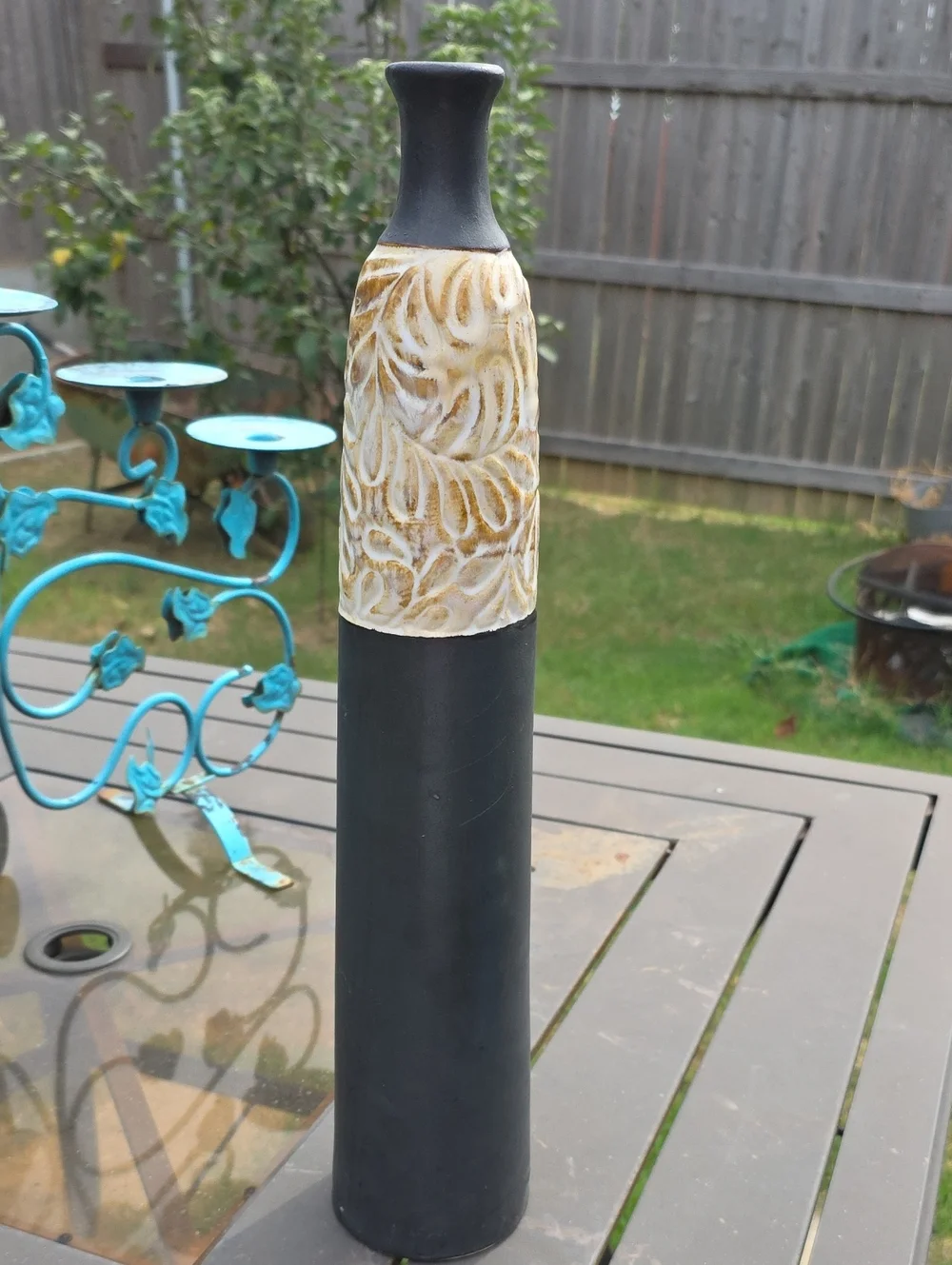 Source Unknown Black and Cream Carved Column Vase